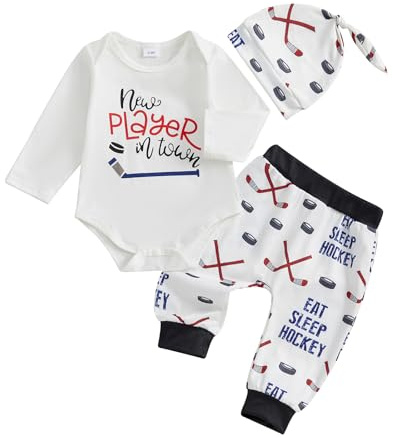My First Hockey-Saison, Baby-Outfits, neuer Spieler in der Stadt, Body, Eishockey, Jogger, Hose, Mütze, niedlich, 3-teilig, für Neugeborene, Herbstkleidung, 3 - 6 - 12 - 18 Monate, weiß, 12-18 Months