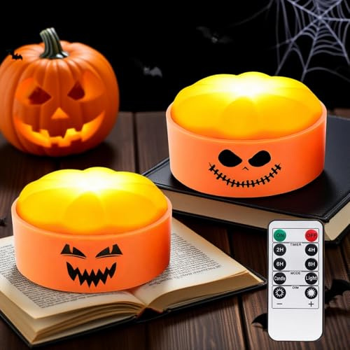 2 Stück Halloween LED Kürbis Lichter,LED Licht mit Fernbedienung,Halloween Kürbis lichter,Batteriebetriebene led Kerzen Lampe,Drinnen und draußen Flammlose Flackernde Kerzen,Teelichter für Deko