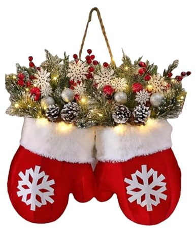Weihnachtskranz Für Die Haustür, Funkelnder Weihnachtskranz Aus Samt Mit Handschuhen Oder Socken LED-Lichtern Roten Beeren Tannenzapfen Und Zweigen Für Terrasse Kaminsims Oder Hochzeit