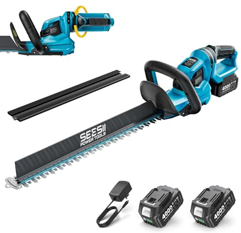 SEESII Tagliasiepi a Batteria 20V, 56cm Lama Doppia, 2x4,0 Ah Batterie | 2x4,0 Ah Batterie, Raccoglitore di Rami, Taglio Max 18 mm, 3000 SPM, Manico Girevole a 180°, Design Palmare, 2,7KG