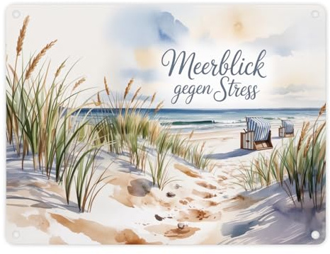 Ostsee Strandkorb Metallschild in 15x20 cm - Meerblick gegen Stress Lustiges Blechschild für Strandkorb-Fans