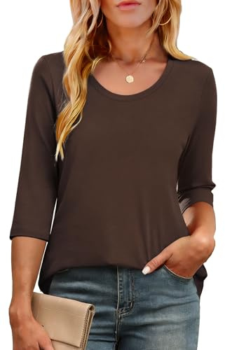 Crewhpo Ladies Tops 3/4 Length Sleeve Crew Neck T Shirts for Women UK Loose Fit Summer Casual Basic Plain Tunic Blouses Brown