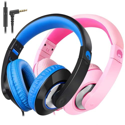 rockpapa Comfort+ Kids Headphones with Microphone, Boys Girls Student Over-Ear Headphones Wired for School Classroom Laptop PC Computer Tablet Black/Blue+Pink