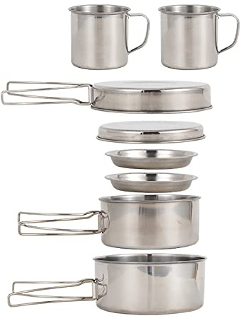 Camping Cookware Mess Kit 8PCS Stainless Steel Cooking Pot and Pan Set with Plates Cups for Outdoor Camping Hiking Backpacking