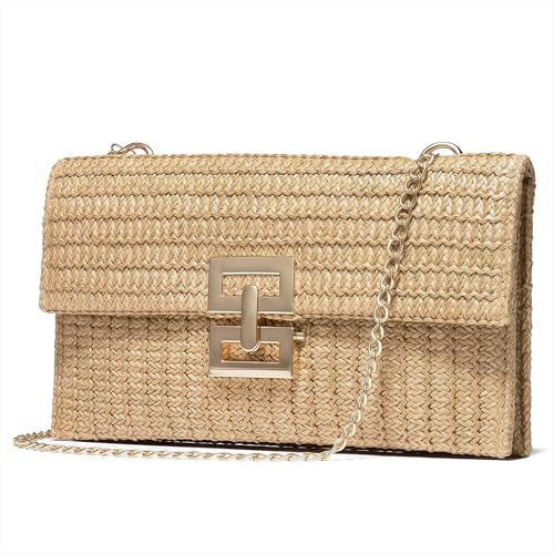 Qzakce Stroh Clutch für Damen Sommer Strand Damenhandtasche, Elegante Umschlag Abendtasche, Boho Geflochtene Umhängetasche mit Kette für Hochzeit Party Freizeit Date