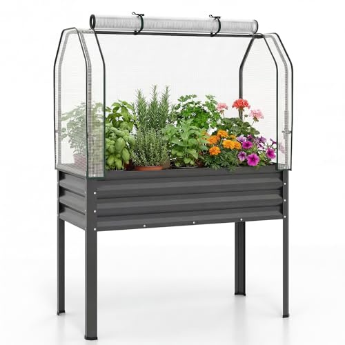 GOPLUS Jardiniere sur Pieds 3 en 1 avec Mini Serre, Carré Potager en Métal Galvanisé avec Porte Zippée Enroulable pour Jardin Balcon Patio, Bac de Culture 142L pour Légumes Herbes Fleurs (Gris)