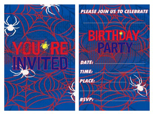25Pcs Boys Party Invitations, Cool Birthday Party Invitations with Spider Pattern, Birthday Invitations for Boys and Men, Double-Sided Invitation Cards
