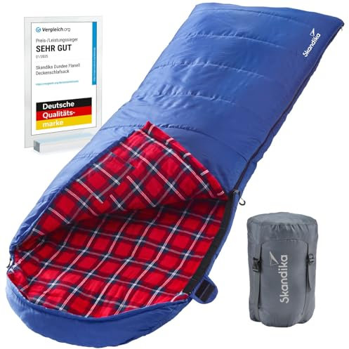 skandika Dundee Decken-Schlafsack, Luxus-Qualität, Baumwolle/Flanell Innenfutter, bis -20°C, 220x80 cm, koppelbar (Blau RV Links)