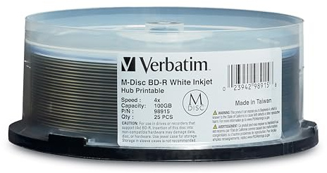 Verbatim 98915 M-DISC BD-R XL 100GB/1-4x , Inkjet 25-Disc Cakebox