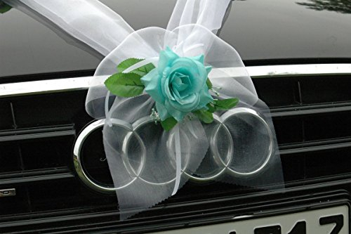 Organza M Auto Schmuck Braut Paar Rose Deko Dekoration Autoschmuck Hochzeit Car Auto Wedding Deko Girlande PKW (Türkis/Weiß)