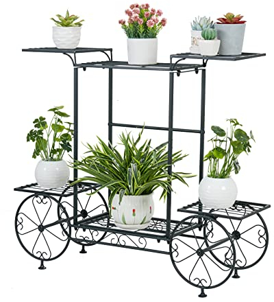 Unho Espositore per Piante in Metallo, scaffale Porta Piante Nero Porta vasi da Interno portavasi da Balcone scaffale portafiori in Ferro battuto Portavasi da Giardino con Ruote Decorativo Esterno