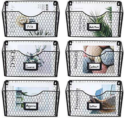 PAG 6 Fächer Zeitschriftenhalter Wand,Wandhalterung Metall Hühnerdraht Brief-Organizer, zeitschriftenhalter Wand mit Etikettenschlitz,schreibtisch wand organizer,Schwarz