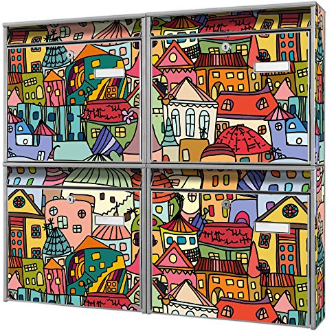 Briefkastenanlage 4 Fach | Postkästen 72x64x10cm groß | verzinkter Stahl schwarz DIN A4 Motiv Funky Town | Briefkasten Set 4 Briefkästen Namensschild, 2 Schlüssel, Montagematerial