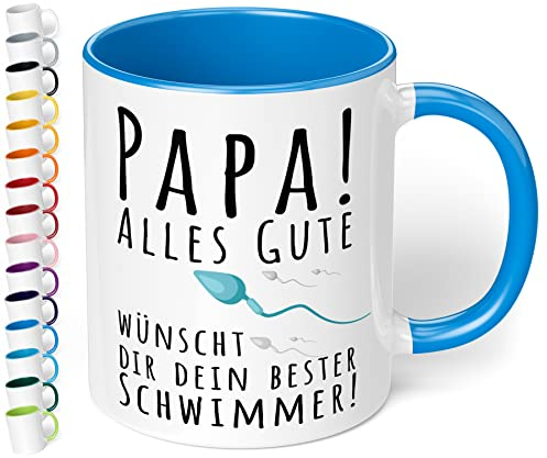 Lustige Papa Tasse „Papa! Alles Gute wünscht dir dein bester Schwimmer!“ – Kaffeetasse mit Spruch - originelles Geschenk für Vater zum Geburtstag, Vatertag, Weihnachten (Cambridge Blau)