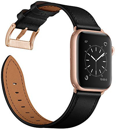 OUHENG - Cinturino di ricambio per Apple Watch, 42 mm 44 mm, in vera pelle, compatibile con Apple Watch serie 5/4/3/2/1 44 mm, 42 mm, cinturino nero con adattatore oro rosa