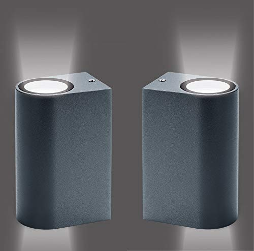Trango 2er Pack 8012-RSA2 IP44 Alu Up & Down Light in Rund Anthrazit-Schwarz mit Dämmerungssensor (Tag & Nacht Auto-Schaltung) Außen & Innen Wandlampe, Außenlampe ohne Leuchtmittel