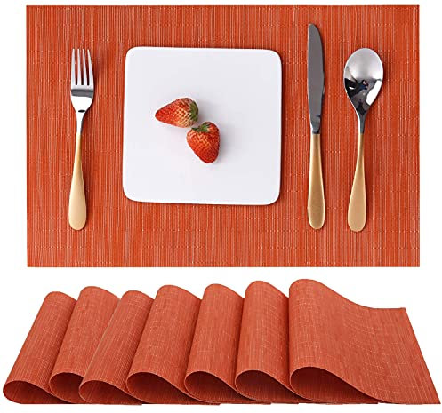 Myir JUN Table Mats Set of 8, Place Mats Table Placemats Washable Non-slip Heat Insulation Woven Vinyl for Kitchen Dinning Restaurant 17X12 (Orange)