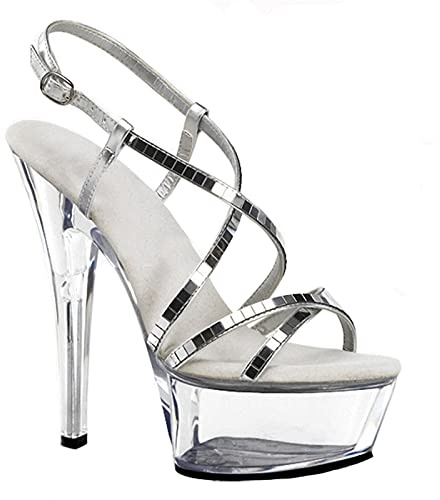 15CM Moda para Mujer Sexy Clear Peep Toe Tacones Altos Sandalias Plataforma Correa de Tobillo Stiletto Bombas de tacón Alto Vestido de Corte Zapatos de Discoteca de Fiesta,Plata,37 EU