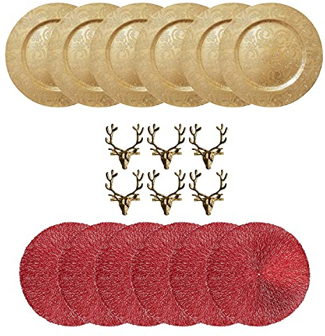 YöL Gold And Red Christmas Festive Dinner Table Setting Plate Placemat Napkin Ring