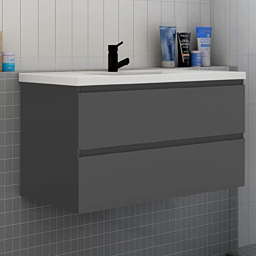 Acezanble 1000mm Bathroom Vanity Unit with Basin Sink Cabinet Wall Mounted, 2 Soft Drawers-Grey