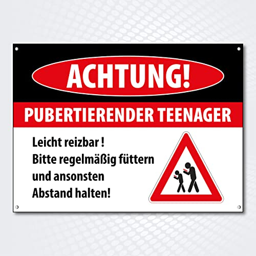 Hochwertiges Schild Alu-Dibond ACHTUNG! PUBERTIERENDER TEENAGER 250 x 180 mm rechteckig | Betreten auf eigene Gefahr | Hinweisschild aus robustem Alu/Dibond
