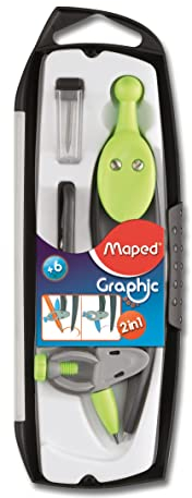 Maped - Zirkel Graphic 360 3-teiliges Set – austauschbarer Zirkel mit doppelter Minenfunktion + Ring – mit Etui Minen + Minenschneider – für Kinder ab 6 Jahren