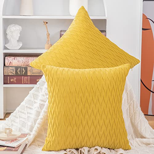Madizz 2er Set Samt Dekorativ Zierkissenbezüge Luxus Stil Kissenbezug für Sofa für Schlafzimmer Zitronengelb 50x50 cm Quadrat