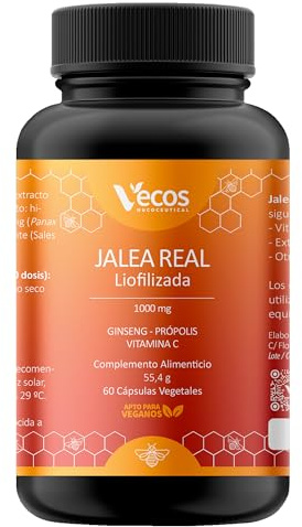 60 Cápsulas Jalea Real Pura Liofilizada 1000 mg con Vitamina C ginseng y Própolis Aumenta la Energía y Vitalidad Reduce el Cansancio Sin Azúcar