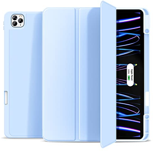 Gahwa Hülle für iPad Pro 12,9 Zoll (2022/2021/2020/2018, 6./5./4./3. Gen) mit Stifthalter, Dünne Tablet Schutzhülle mit Weicher TPU Rückseite, Pencil 2 Unterstützung Smart Case Cover - Hellblau