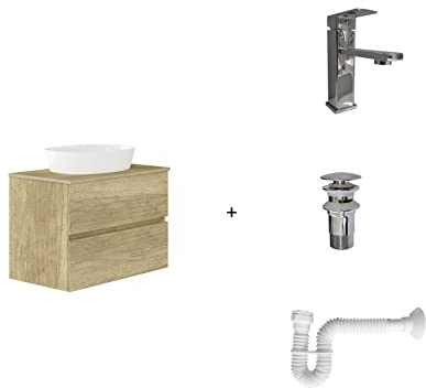 Baikal Pack solución Completa, Incluye: Mueble de Baño, Lavabo cerámico, Grifo, Sifón Extensible y Válvula de desagüe, Mueble MONTADO, Entrega Todo en uno, 2 Cajones Sin Espejo 70 cm Nature