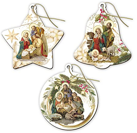 Fratelli Bonella | 3 Weihnachtsdekorationen aus Holz und Perlglanzpapier, in Herzform, rund und sternförmig, hergestellt in Italien