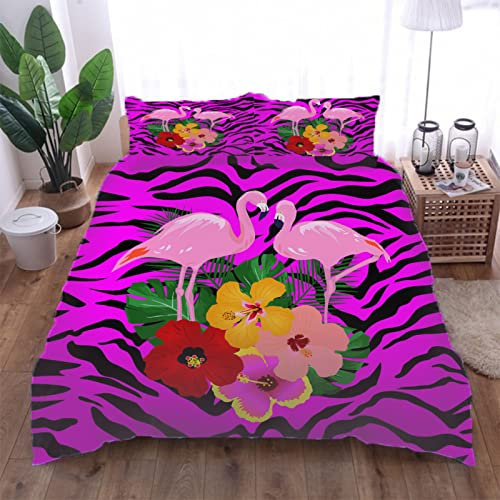 GIMFRY Kinder Bettwäsche Set 135x200 3 Teilig (1 Bettbezug Und 2 Kissenbezüge) 3D Rosa Flamingo Druck Muster Biber Bettwäsche Kinder Weiche Microfaser Mit Reißverschluss