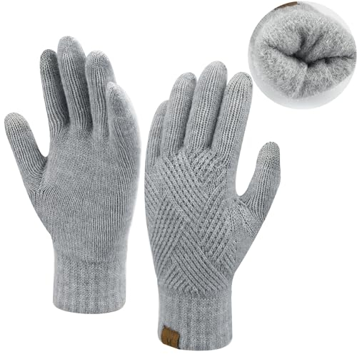 Damen Winter Warm Touchscreen Handschuhe Thermo Gestrickte Winterhandschuhe Doppellagige Strickhandschuhe mit Fleece Gefütterte Frauen Geschenk, Hellgrau