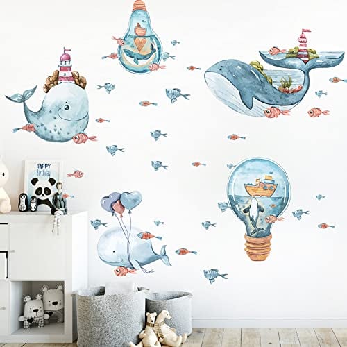 HGDESIGN® Wandtattoo Wandaufkleber Wal Unterwasserwelt Fisch Glühbirne Leucht Leuchtturm Kinderzimmer Babyzimmer Kind Baby Junge Mädchen Wandsticker Wanddeko Selbstklebend