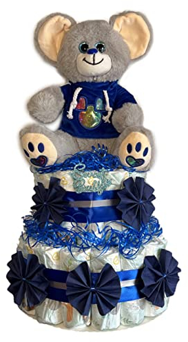 Windeltorte Plüsch Maus blau | Babygeschenk zur Geburt für Jungen