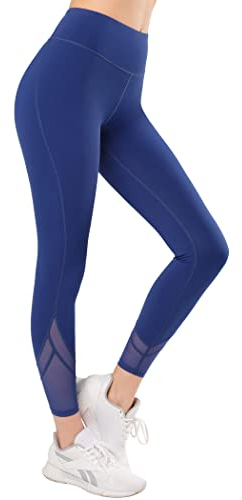 Yvette Sport Leggings Damen mit Tasche Mesh, high Waist Sporthose Streetwear Sportleggings, Blau, L
