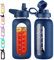 CIVAGO 32 oz Glass Water Bottle with Straw and Handle, Large Sports Motivational Water Bottle Flask with Time Marker and 2 Lids, Leakproof Water Jug Canteen with Silicone Sleeve for Gym,Navy