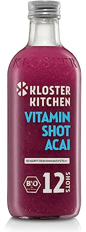 Kloster Kitchen Bio Ingwer Shot Acai 12SHOTS 360 ml mit echten Ingwerstückchen I Ingwershot vegan I Glasflasche I süß-scharf ohne Zusatzstoffe & mit natürlicher Süße (inkl. 0,25€ EINWEG Pfand)