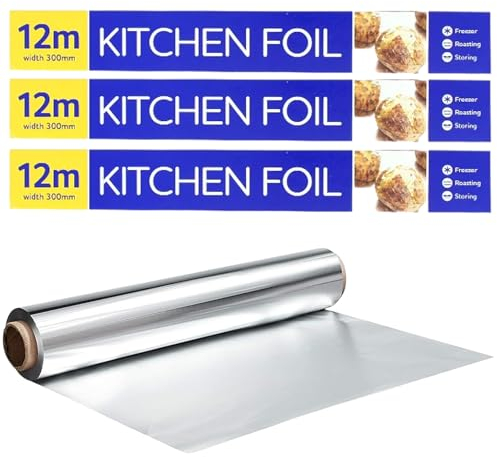 3 Packs Premium Quality Aluminium Kitchen Catering Tin Foil Roll 300mm x 12m [12] for Restaurants Keep Food Fresh & Hot Long Time Packaging May Vary