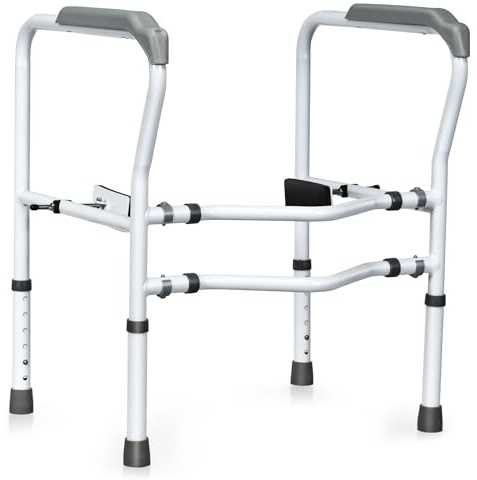 RELAX4LIFE Soporte para Inodoro con Altura y Ancho Ajustable, Abrazadera Giratoria 360°, Patas y Reposabrazos Antideslizantes, Apoyabrazos WC Portátil con Correa Fijación para Discapacitados/Ancianos