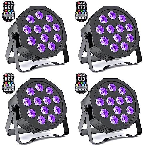 GdjRttk 4 PCS RGBWA UV Akku Bühnenlicht, Wiederaufladbar 12 LED Outdoor Par Licht mit 7 Beleuchtung Modi, 1/3/ 4/6 Timing Akku Strahler Par für Hochzeit Bar DJ Show Disco Halloween Weihnachten
