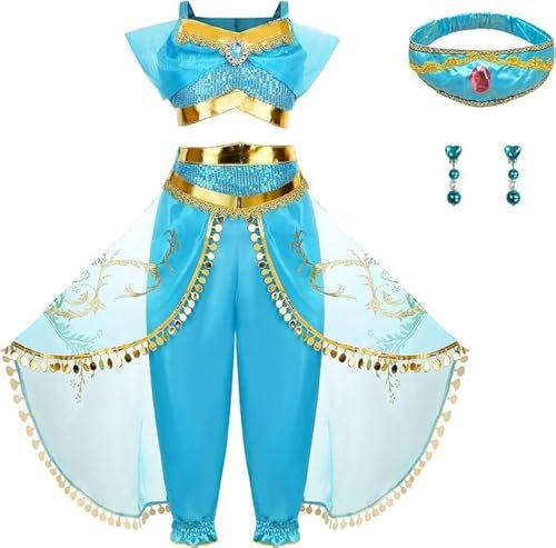AntDiseno Prinzessin Jasmin Kostüm für Mädchen | Aladdin Verkleidung mit Stirnband & Ohrringen | Halloween & Karneval (Größe: 3-10 Jahre)
