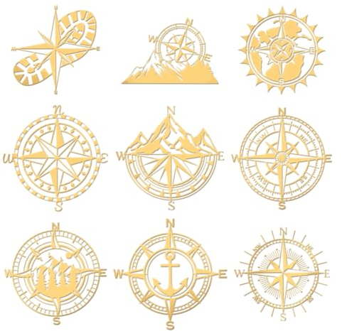 OLYCRAFT 9 Stück 4x4cm Kompass Themenaufkleber Bergkompass Aufkleber Selbstklebende Goldene Metallaufkleber Schuhabdruck Metallaufkleber Für Sammelalben DIY Handwerk Telefondekoration