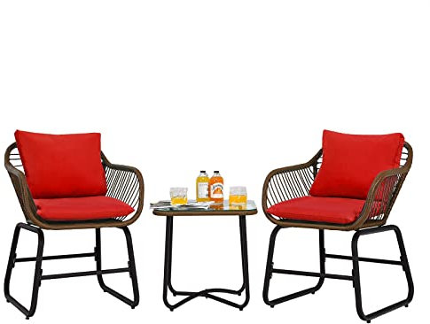 Lot de 3 chaises de bistrot en rotin avec coussins et table en verre Rouge