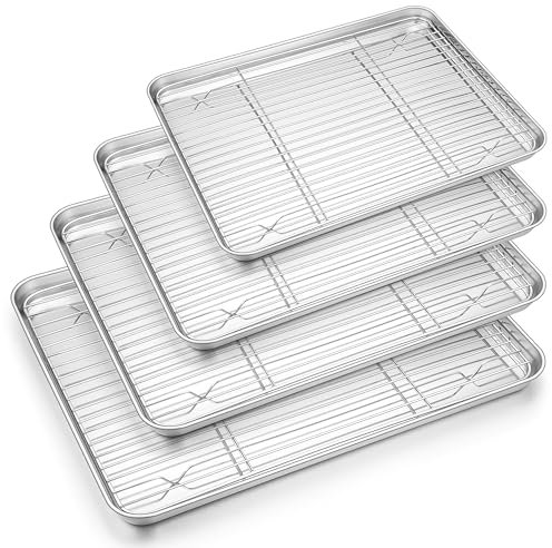 Herogo Baking Tray with Cooling Rack Set, 8-Piece Stainless Steel Oven Tray Pans (4 Sheets + 4 Racks), Rectangular Cookie Sheets for Baking Cooking Roasting, Non-Toxic and Rustproof, Dishwasher Safe