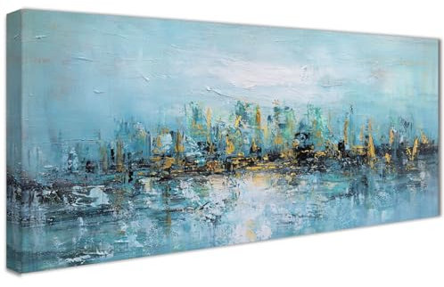 Mit Rahmen Leinwand Bilder Blaues Meer und Häuser am Ufer Leinwandbilder Bild auf Leinwand Malerei Abstrakt Gelb Schwarz Blau Bild Wandbilder Heim Wohnzimmer Schlafzimmer Wanddekoration 50x120cm