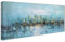 Mit Rahmen Leinwand Bilder Blaues Meer und Häuser am Ufer Leinwandbilder Bild auf Leinwand Malerei Abstrakt Gelb Schwarz Blau Bild Wandbilder Heim Wohnzimmer Schlafzimmer Wanddekoration 50x120cm