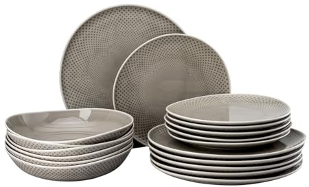 Rosenthal Junto Pearl Grey, set da 18 pezzi, porcellana, grigio perla, piatto piano Ø 22 cm e piatto profondo Ø 21,5 cm, lavabile in lavastoviglie e microonde, set per 6 persone