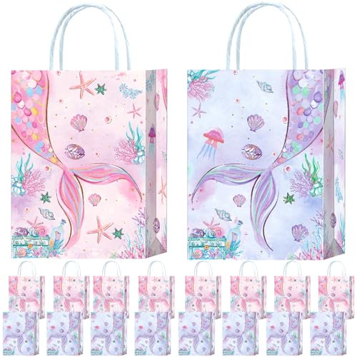 16 Stück Meerjungfrau Party Taschen,Meerjungfrau Geschenktüten,Meerjungfrau Papiertüten mit Henkel,Mädchen Geburtstag Geschenktüten,Meerjungfrau Gastgeschenke Tüten,Geschenktüten Bunt