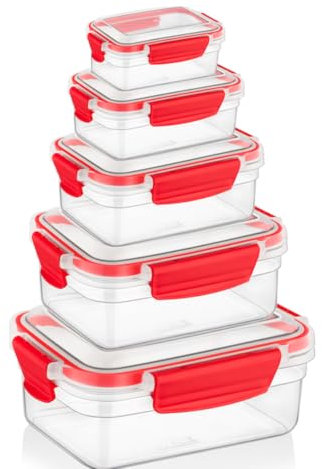 Crosspack Plastic Airtight Food Storage Containers Set 10 Pieces (Red) (5 Containers,5 Lids) BPA Free | Leak Proof | Transparent Food Containers with Lids | Airtight containers with Lids| Microwave